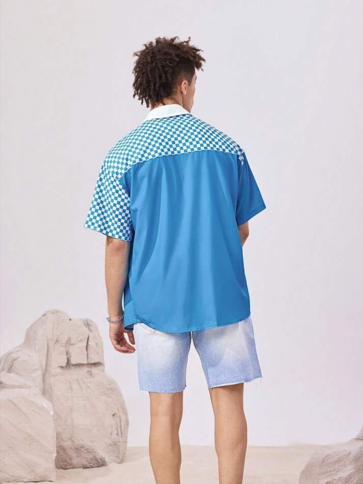 SWAVVY Casual Cartoon & Patchwork Checkerboard Print Dropped Shoulder Loose Shirt Men
